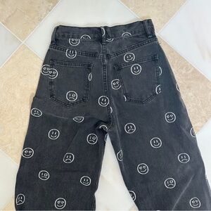 Black High Waisted Jeans with White Smiley Face / Emoji Print